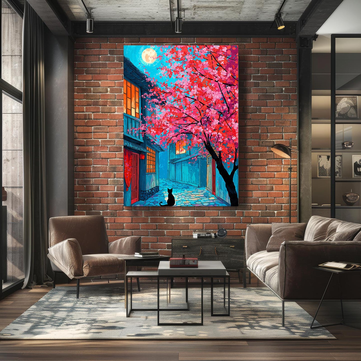 Neon Alley Cat Cherry Blossom Canvas – styled in a furnished interior