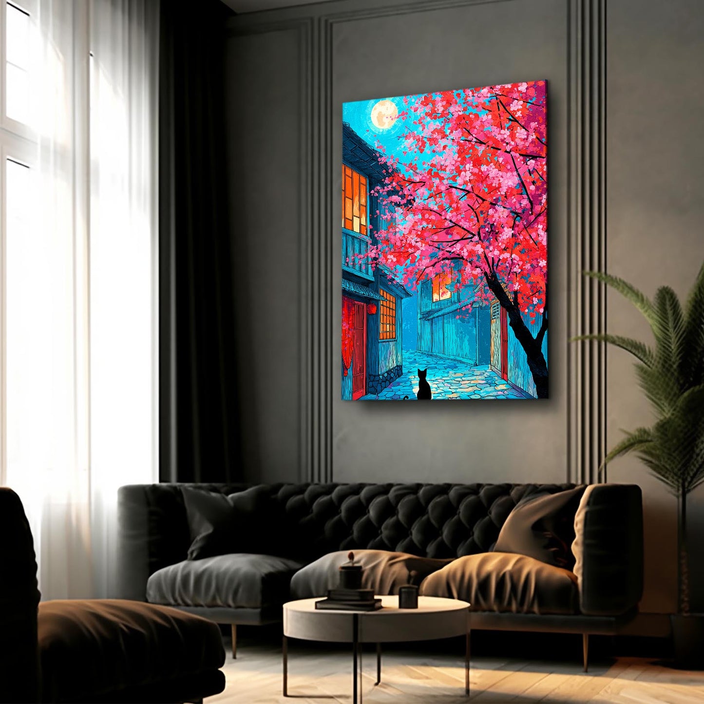 Neon Alley Cat Cherry Blossom Canvas – styled in a furnished interior
