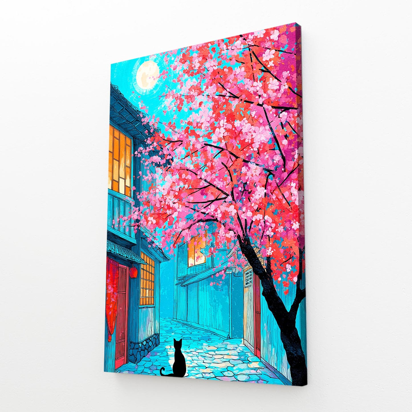 Neon Alley Cat Cherry Blossom Canvas – angled canvas view on white background
