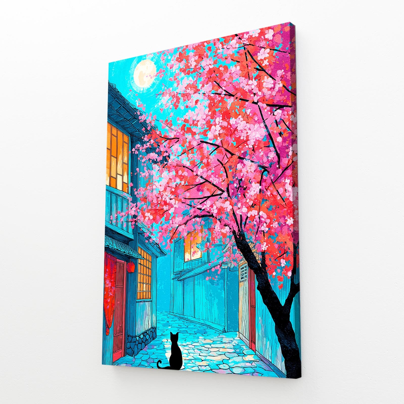 Neon Alley Cat Cherry Blossom Canvas – angled canvas view on white background