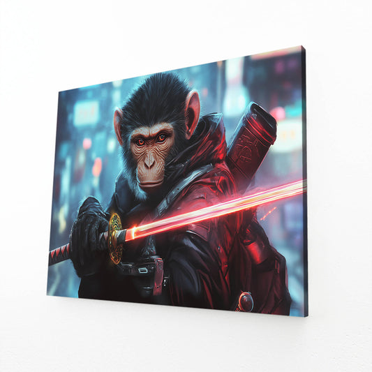 Neon Blade Ronin Monkey Art – angled canvas view on white background