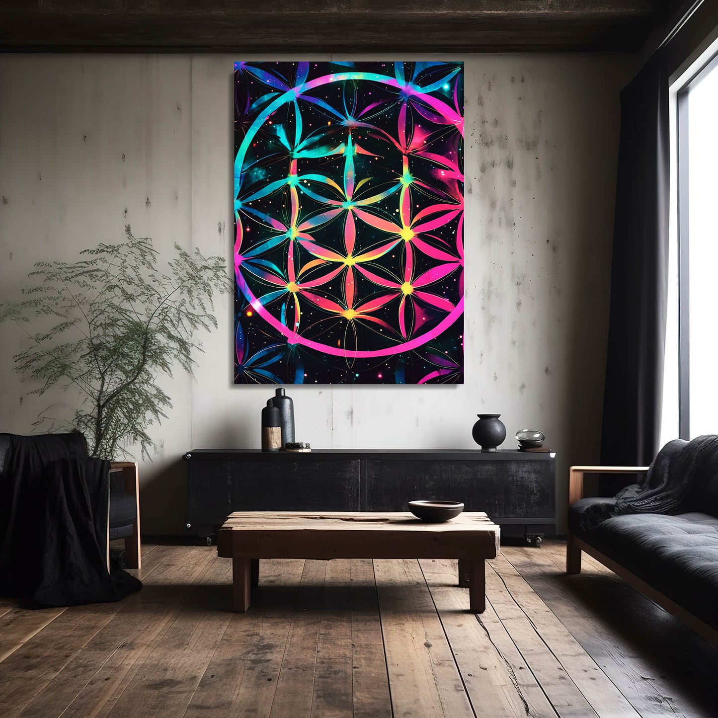 Neon Bloom Burst Flower Of Life Canvas Art – styled in a furnished interior