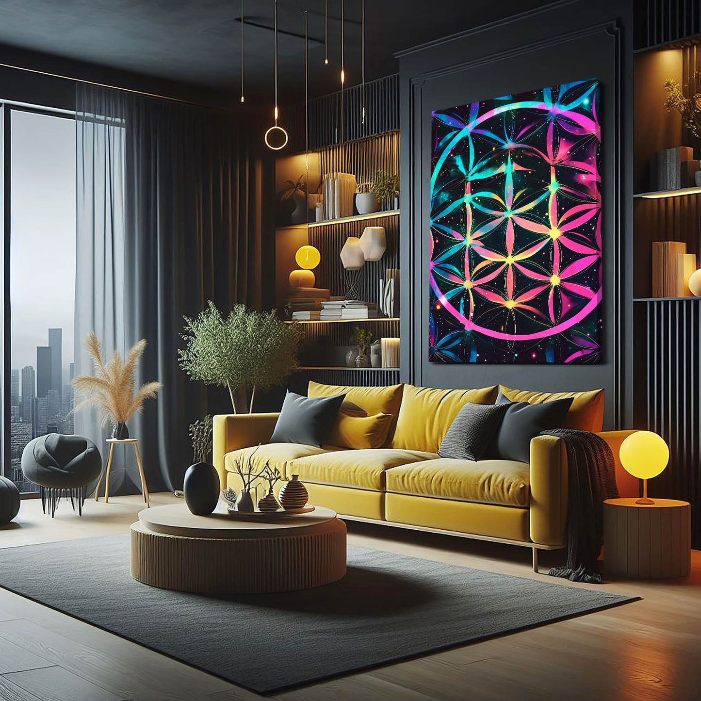 Neon Bloom Burst Flower Of Life Canvas Art – styled in a furnished interior
