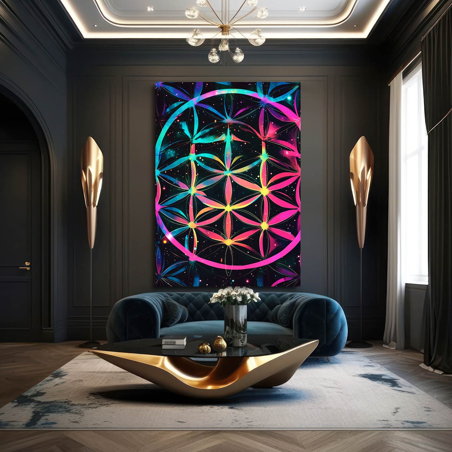 Neon Bloom Burst Flower Of Life Canvas Art – styled in a furnished interior