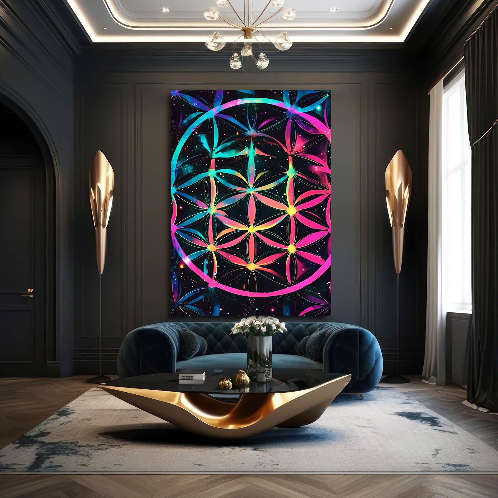 Neon Bloom Burst Flower Of Life Canvas Art – styled in a furnished interior