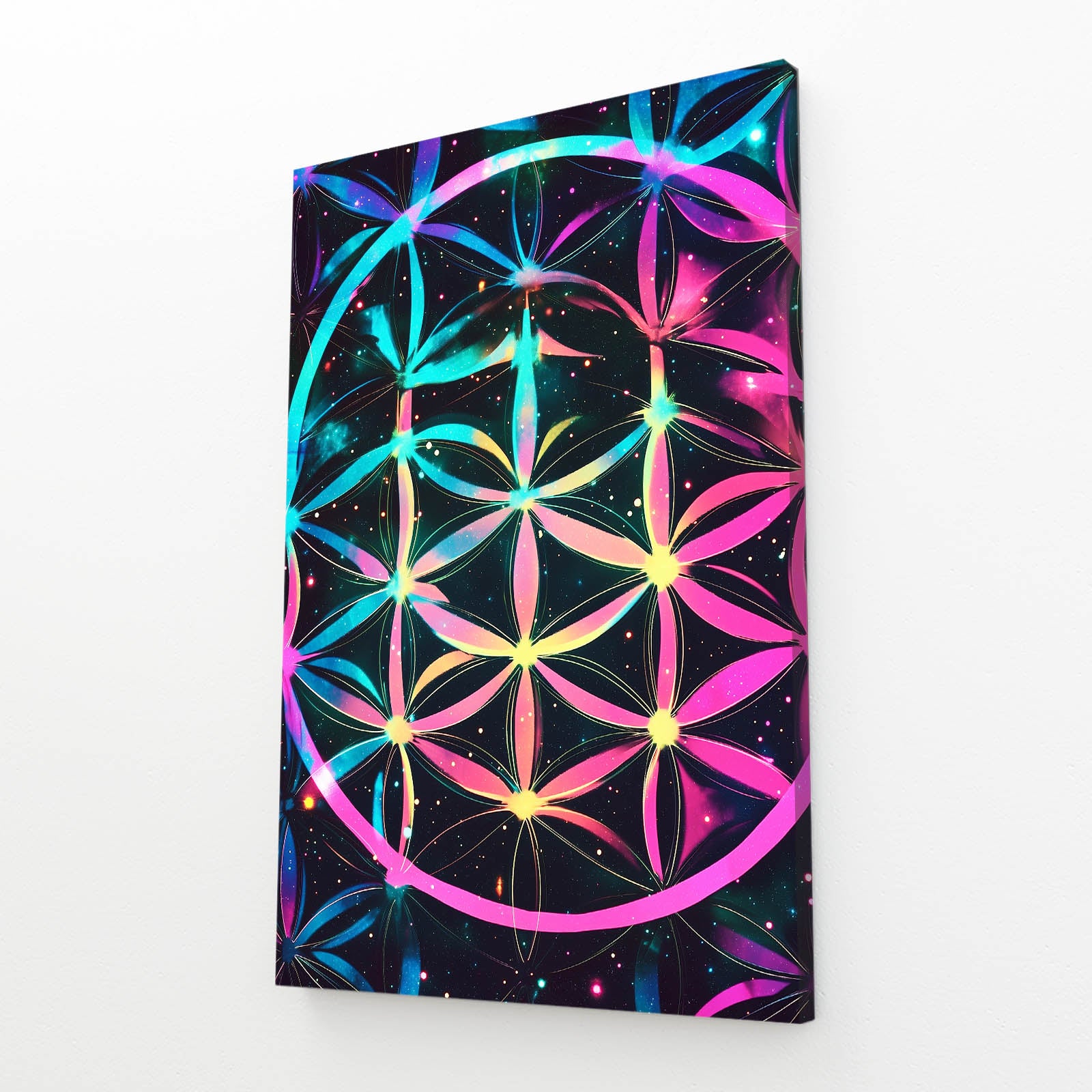 Neon Bloom Burst Flower Of Life Canvas Art – angled canvas view on white background