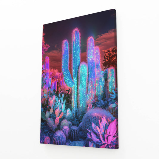 Neon Bloom Desert Cactus Canvas Art – angled canvas view on white background