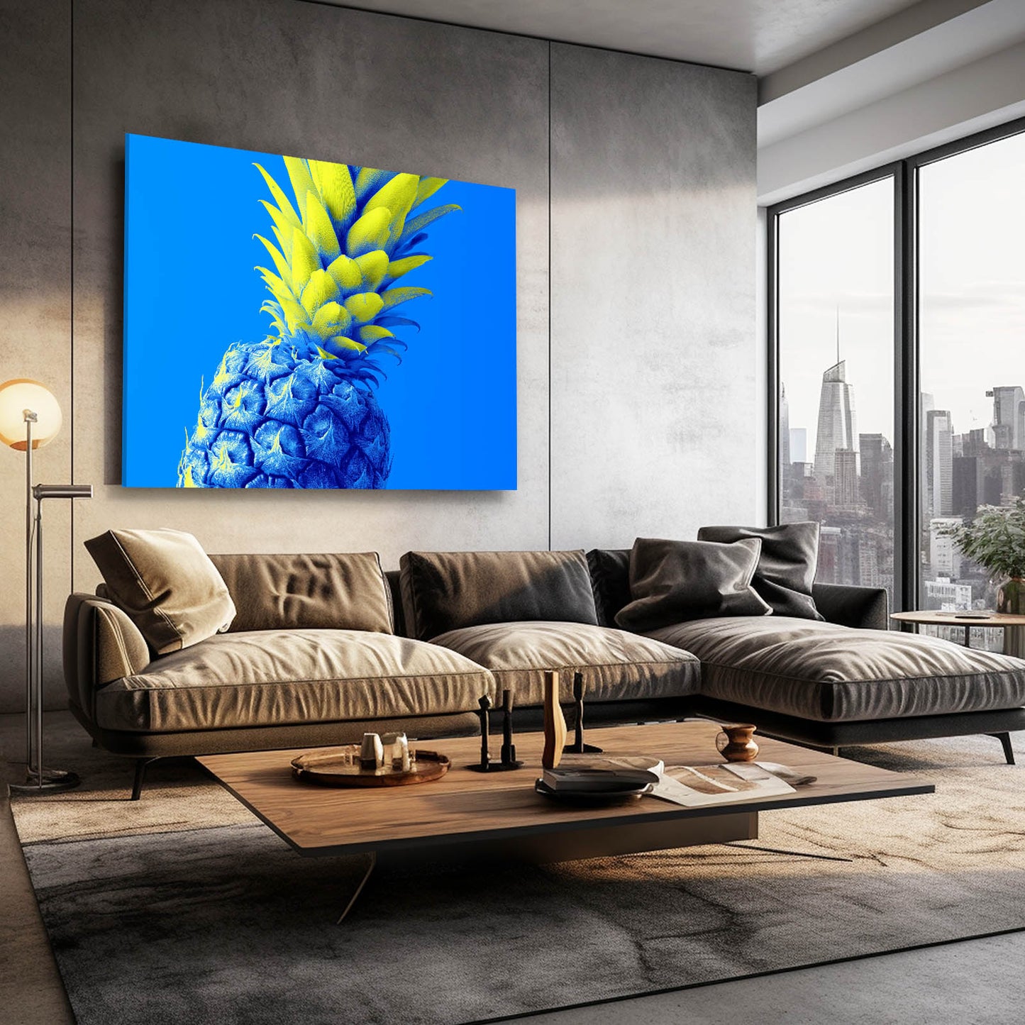 Neon Blue Pineapple Fruit Canvas Art – styled in a furnished interior