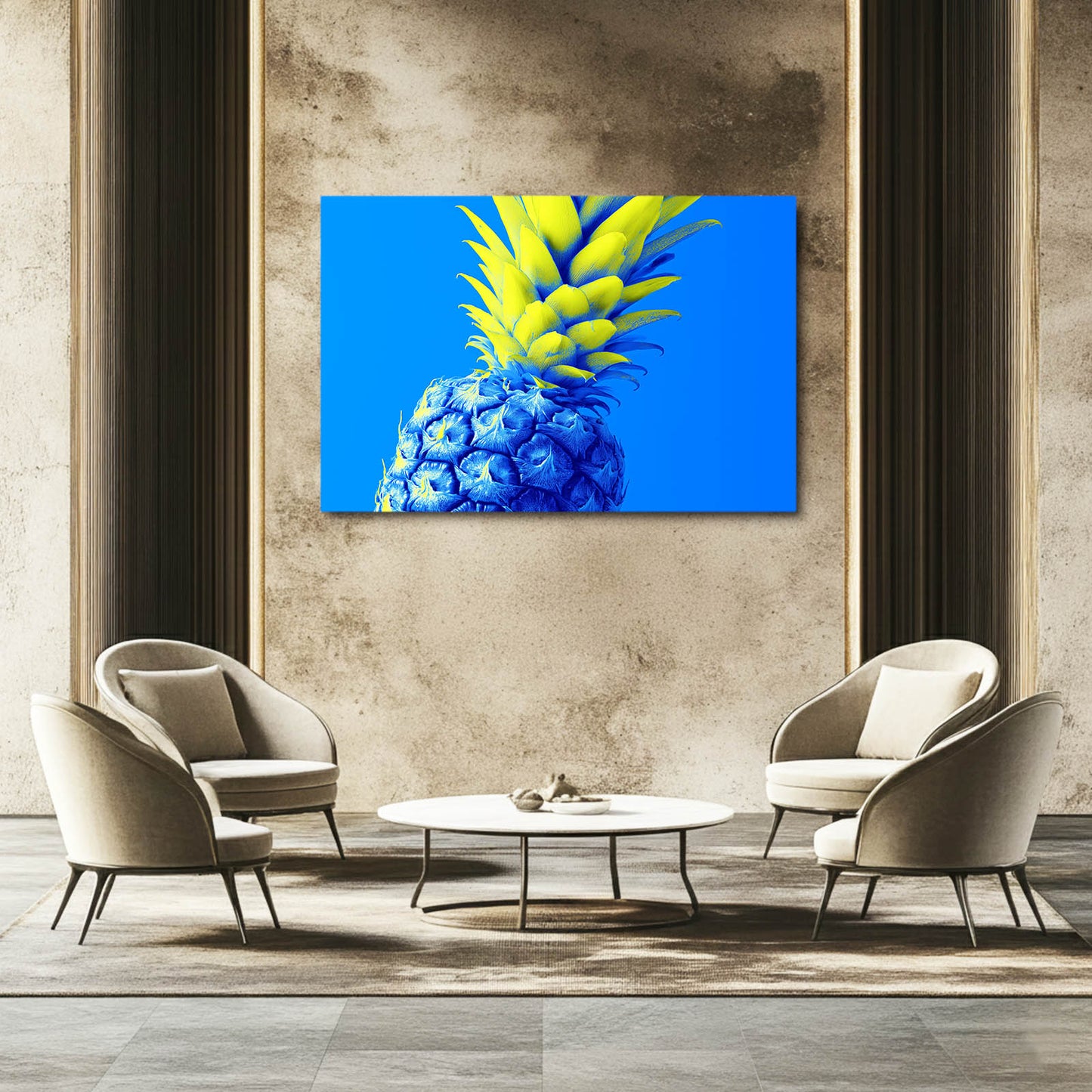 Neon Blue Pineapple Fruit Canvas Art – styled in a furnished interior
