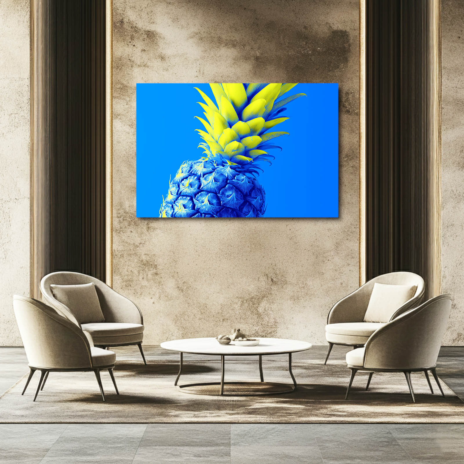 Neon Blue Pineapple Fruit Canvas Art – styled in a furnished interior