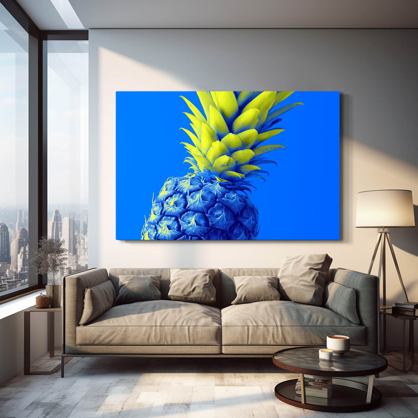 Neon Blue Pineapple Fruit Canvas Art – styled in a furnished interior
