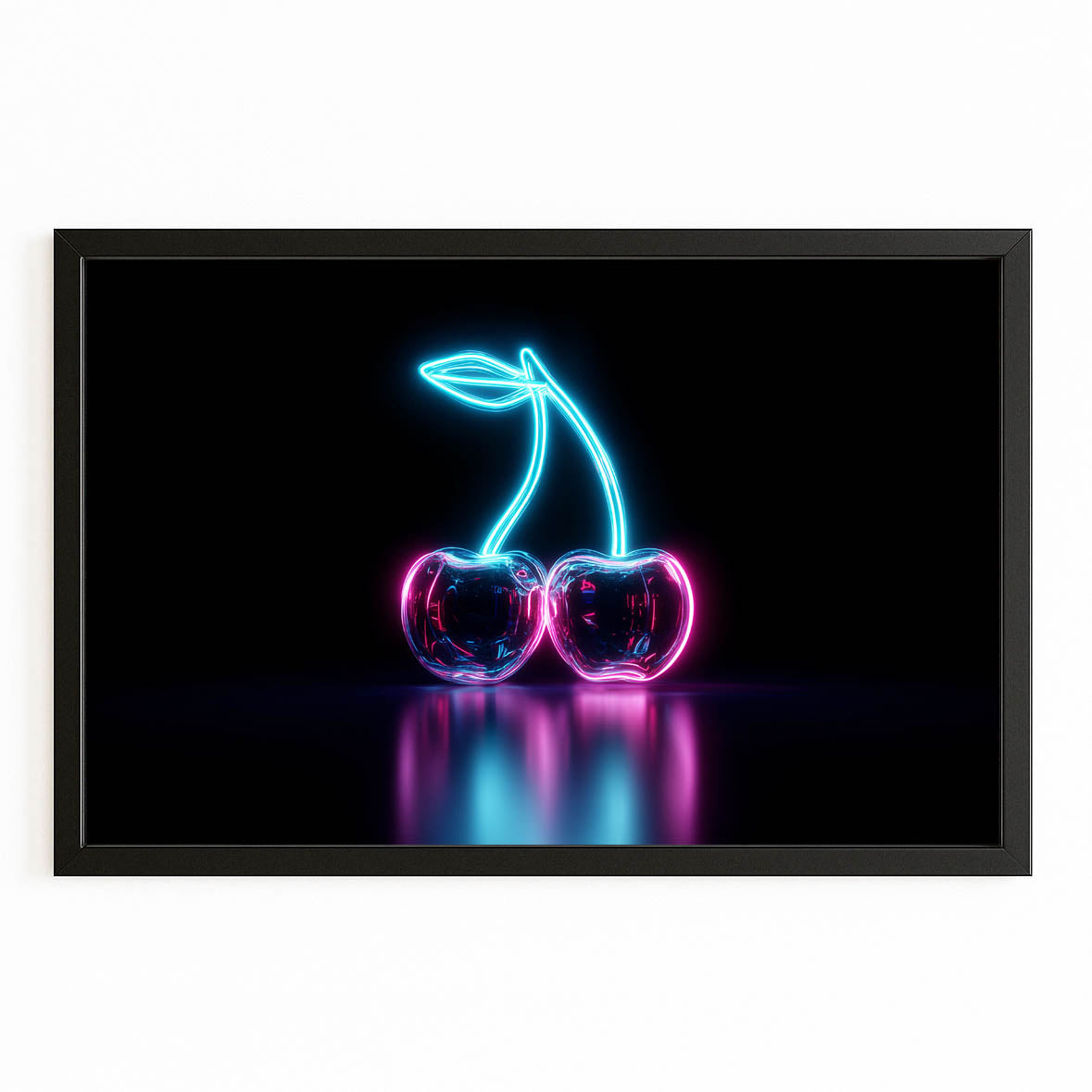 Neon Cherry Glow Fruit Canvas Art – with Premium Black frame on white background
