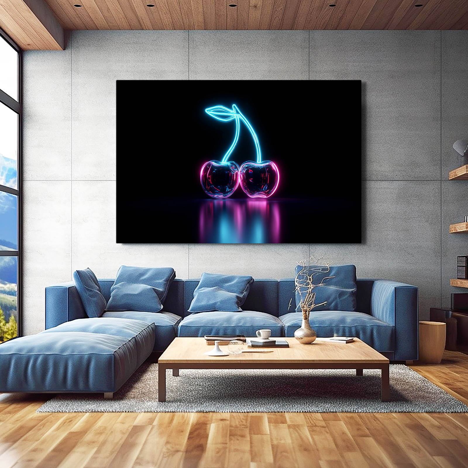 Neon Cherry Glow Fruit Canvas Art – styled in a furnished interior