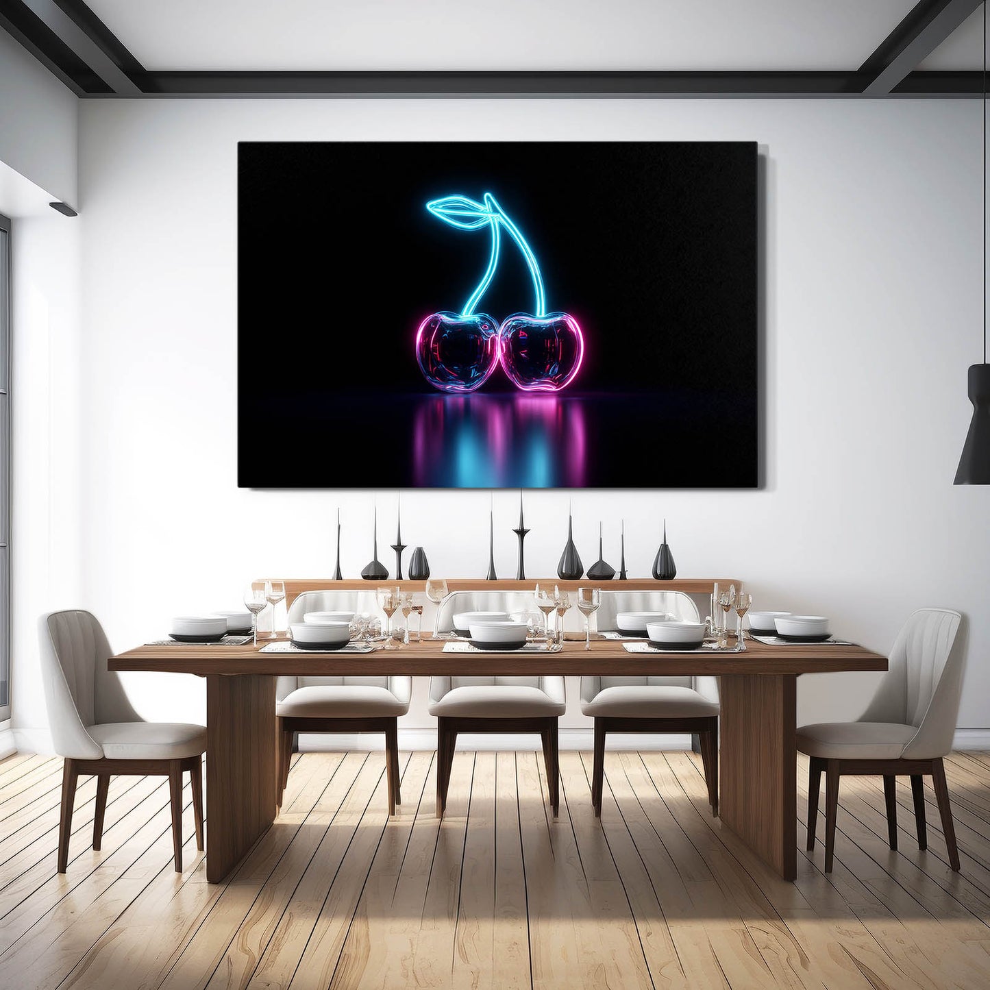 Neon Cherry Glow Fruit Canvas Art – styled in a furnished interior