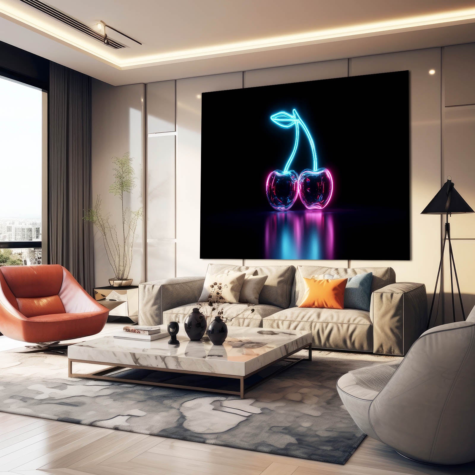 Neon Cherry Glow Fruit Canvas Art – styled in a furnished interior