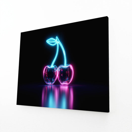 Neon Cherry Glow Fruit Canvas Art – angled canvas view on white background
