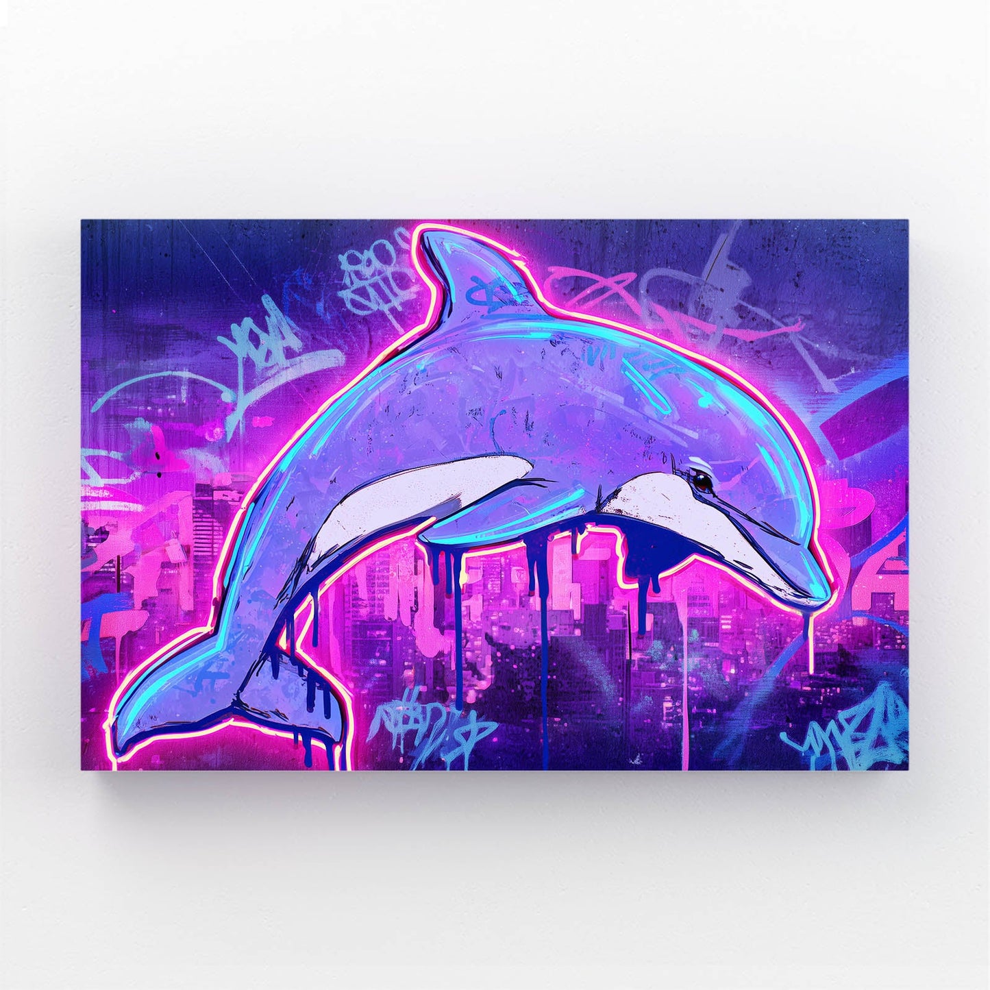 Neon City Dolphin Wall Art – neon graffiti dolphin leaping through a purple and pink cyberpunk cityscape