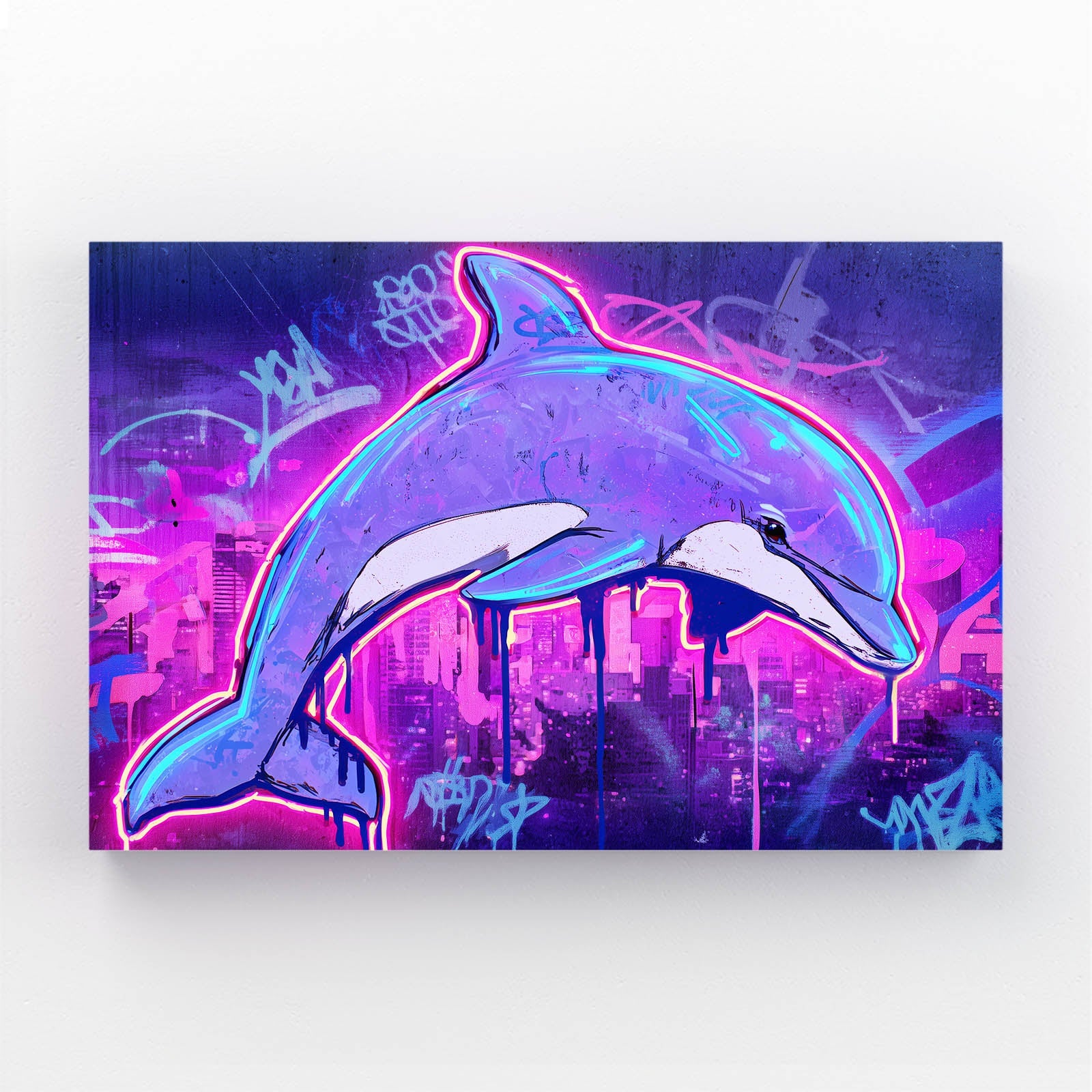 Neon City Dolphin Wall Art – neon graffiti dolphin leaping through a purple and pink cyberpunk cityscape