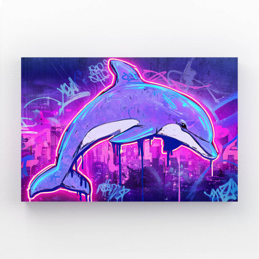 Neon City Dolphin Wall Art – neon graffiti dolphin leaping through a purple and pink cyberpunk cityscape