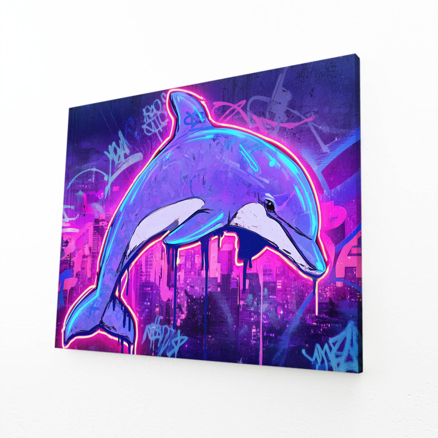 Neon City Dolphin Wall Art – angled canvas view on white background
