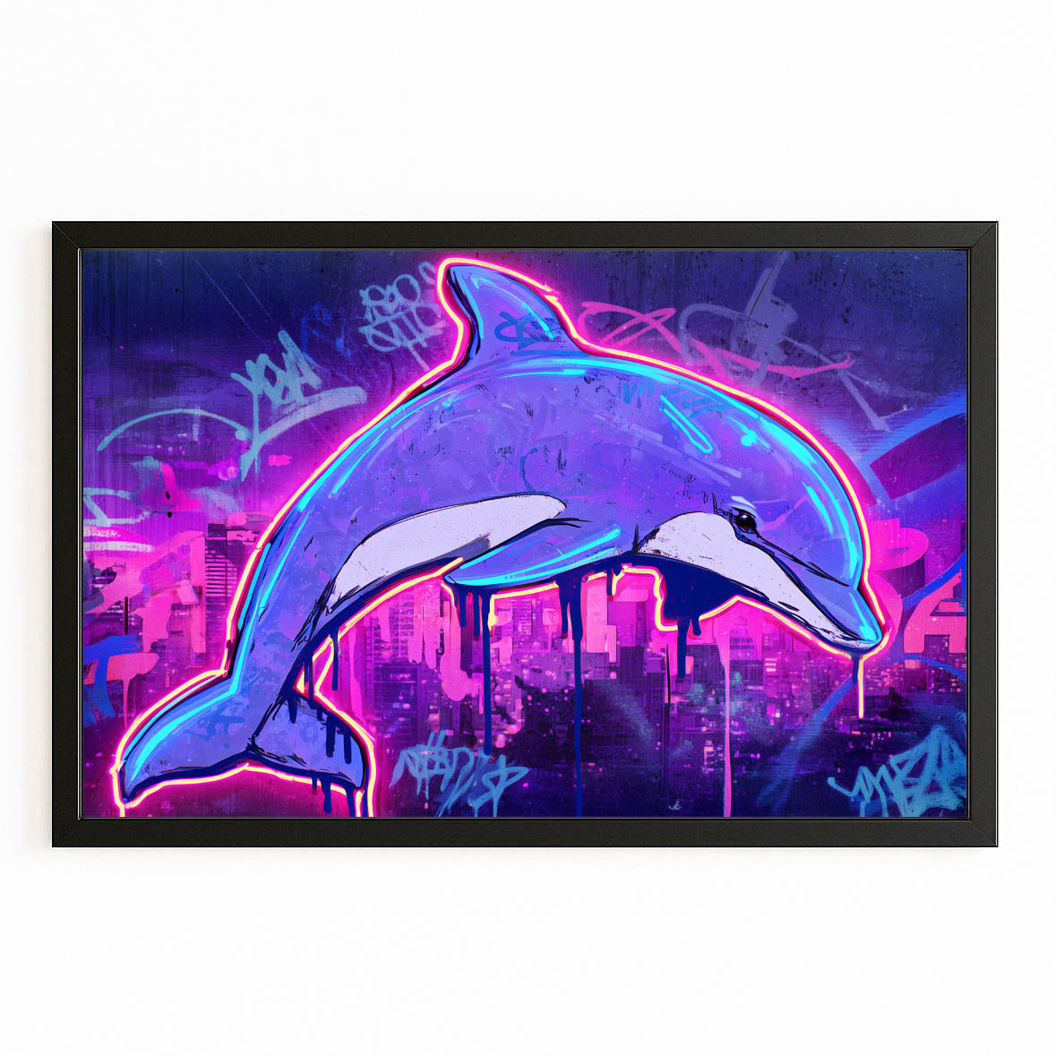 Neon City Dolphin Wall Art – with Premium Black wood frame on white background