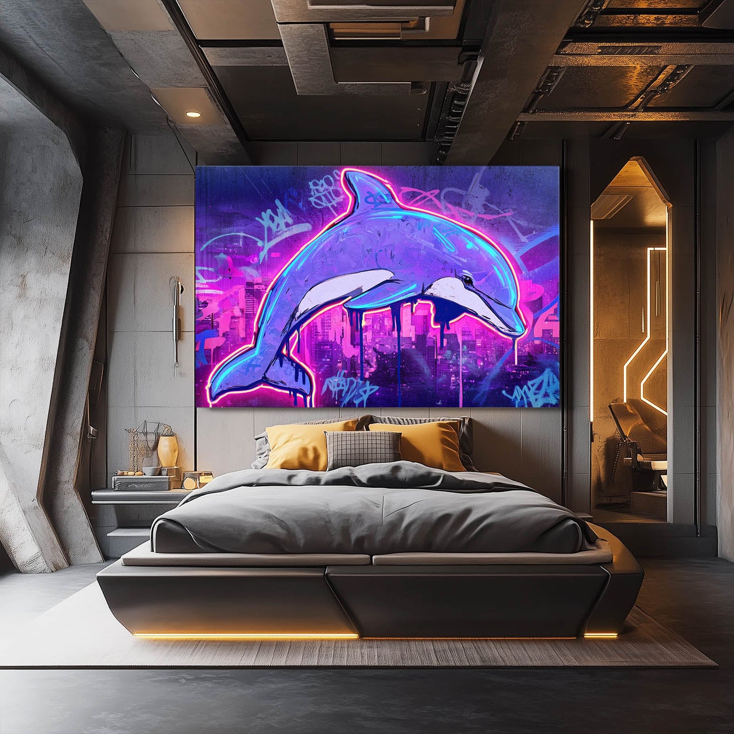 Neon City Dolphin Wall Art – styled in a furnished interior