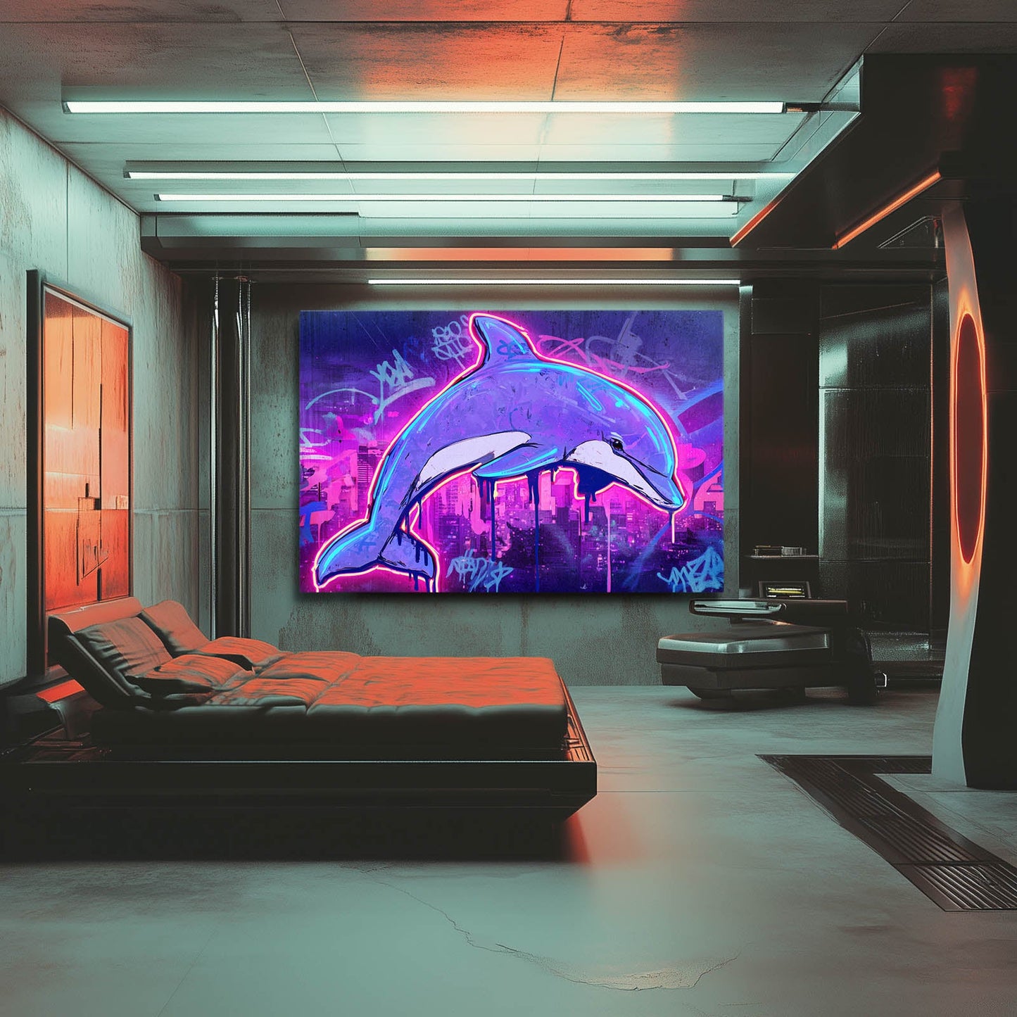 Neon City Dolphin Wall Art – styled in a furnished interior