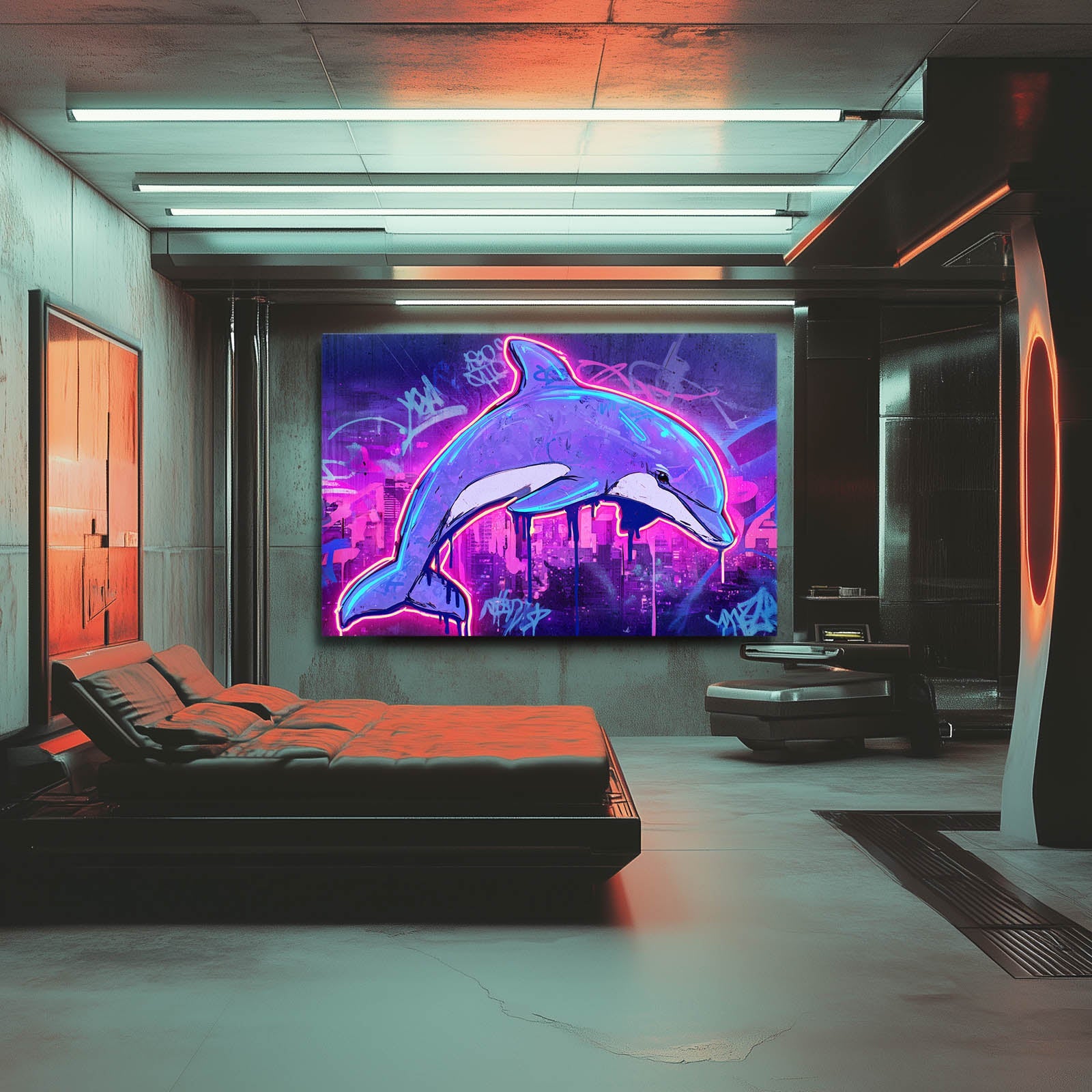 Neon City Dolphin Wall Art – styled in a furnished interior