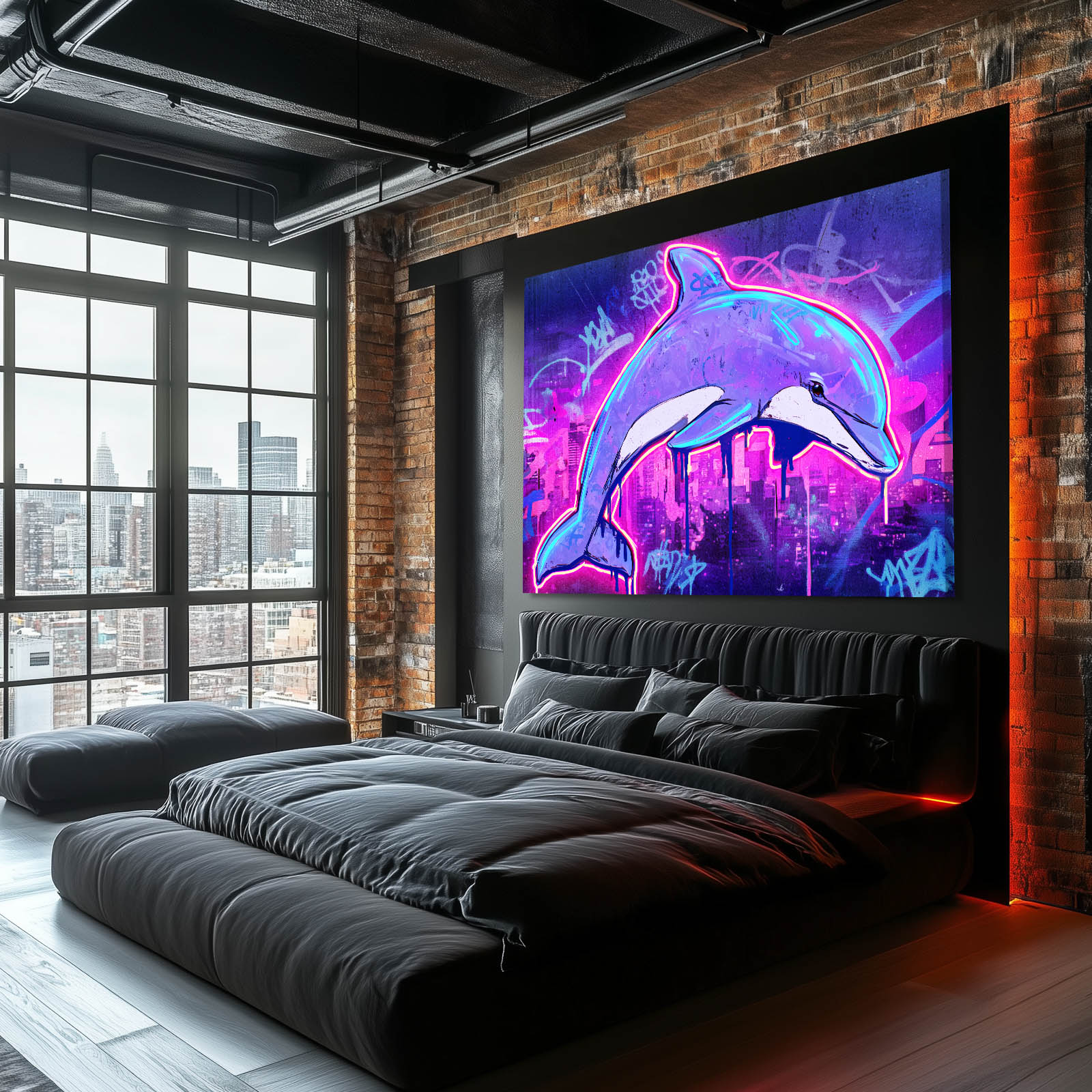 Neon City Dolphin Wall Art – styled in a furnished interior