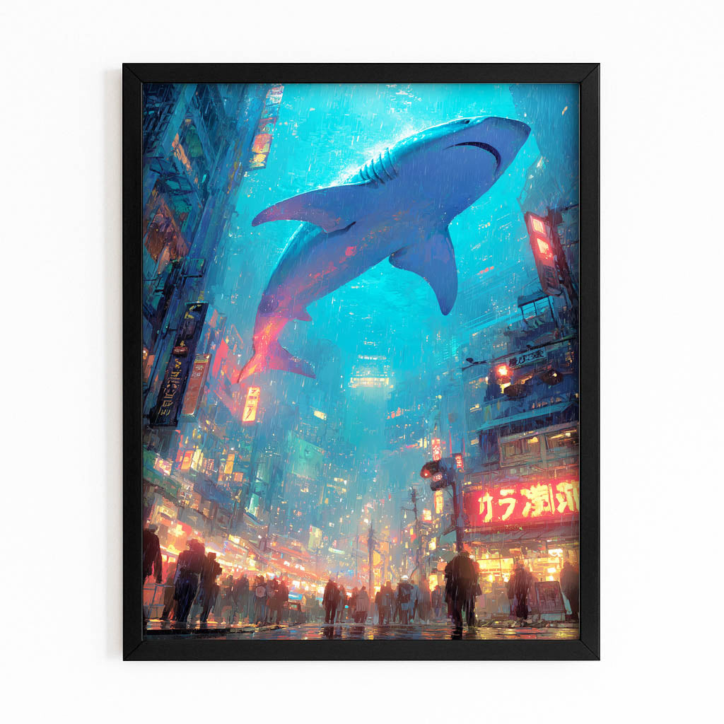 Neon City Sky Shark Wall Decor – with Premium Black frame on white background