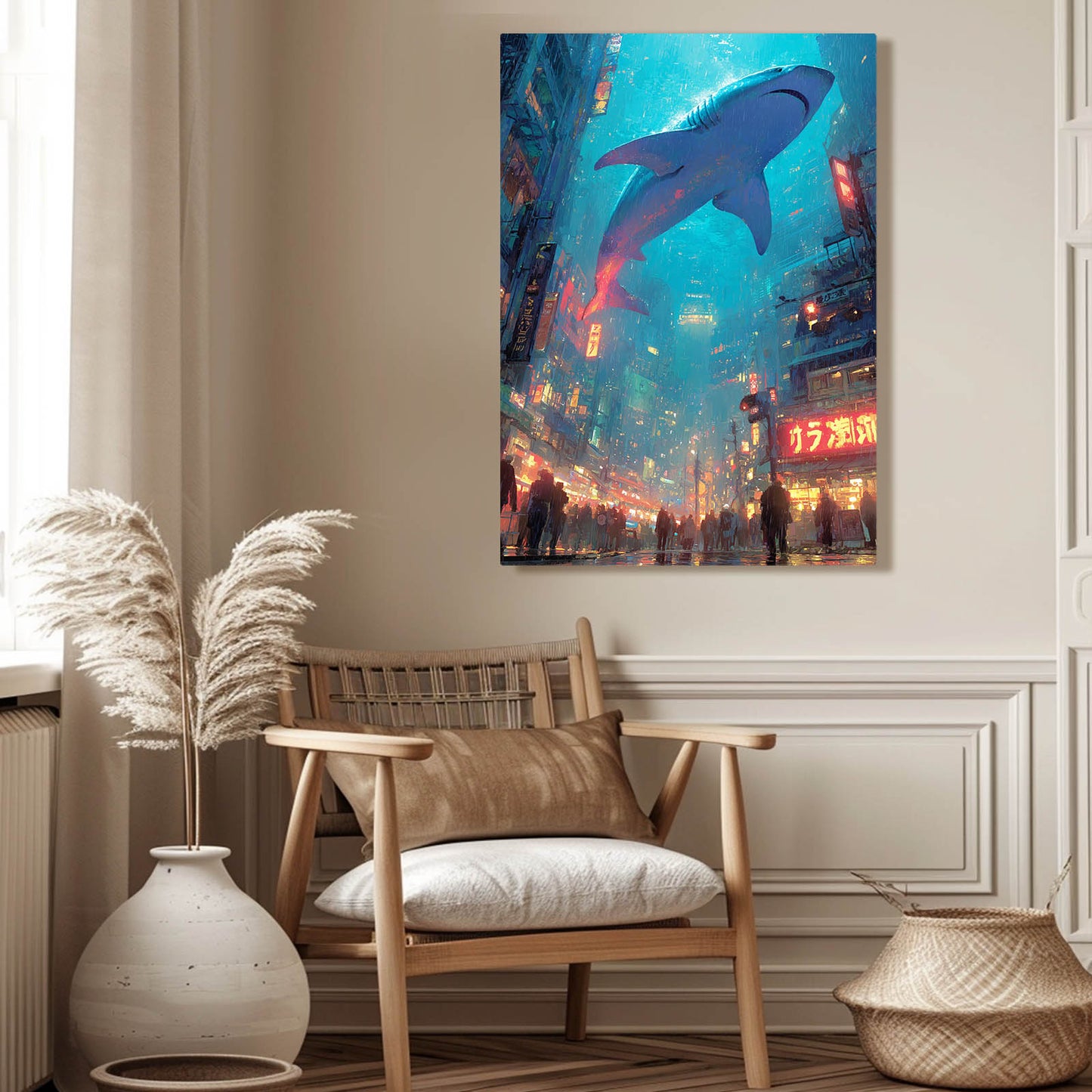 Neon City Sky Shark Wall Decor – styled in a furnished interior