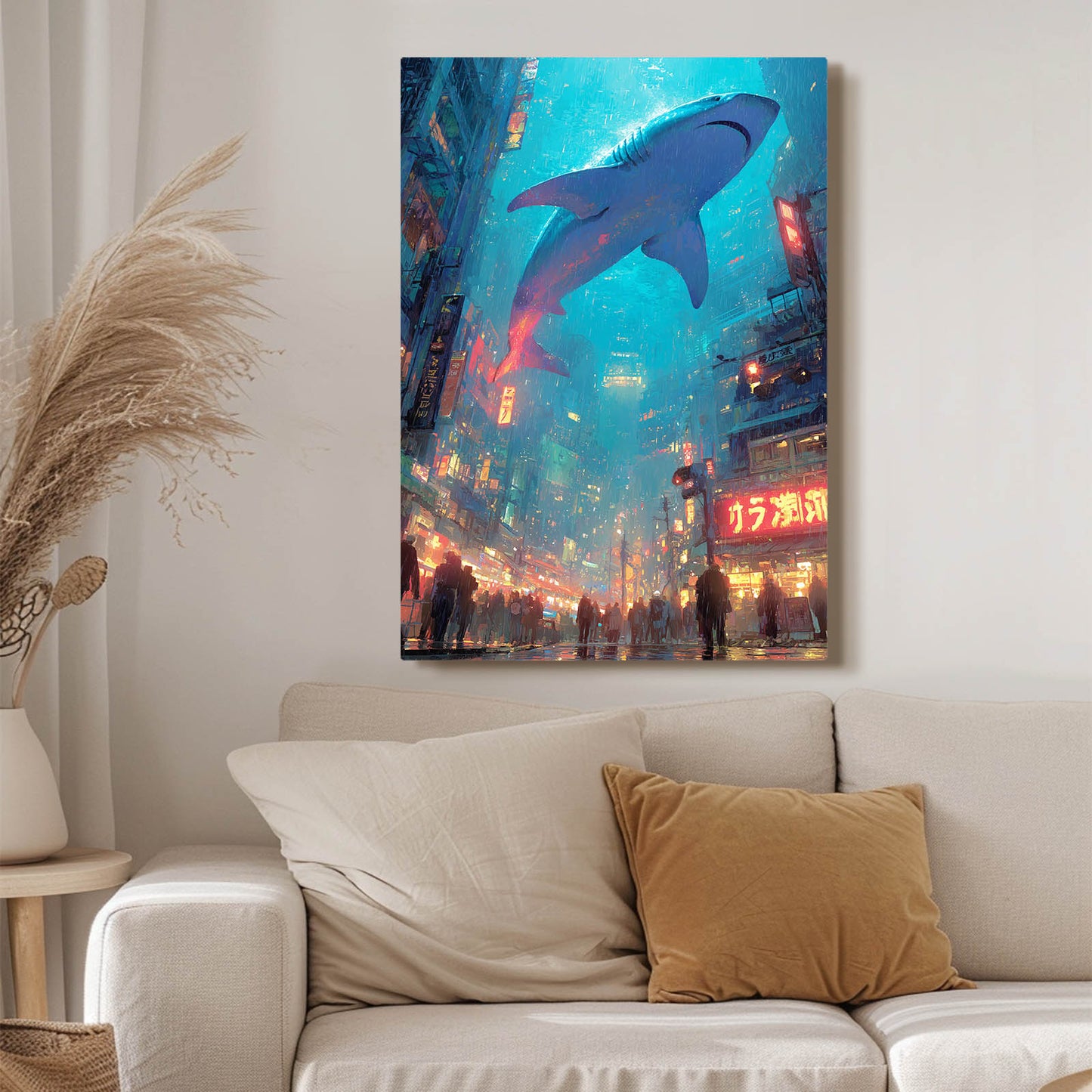 Neon City Sky Shark Wall Decor – styled in a furnished interior