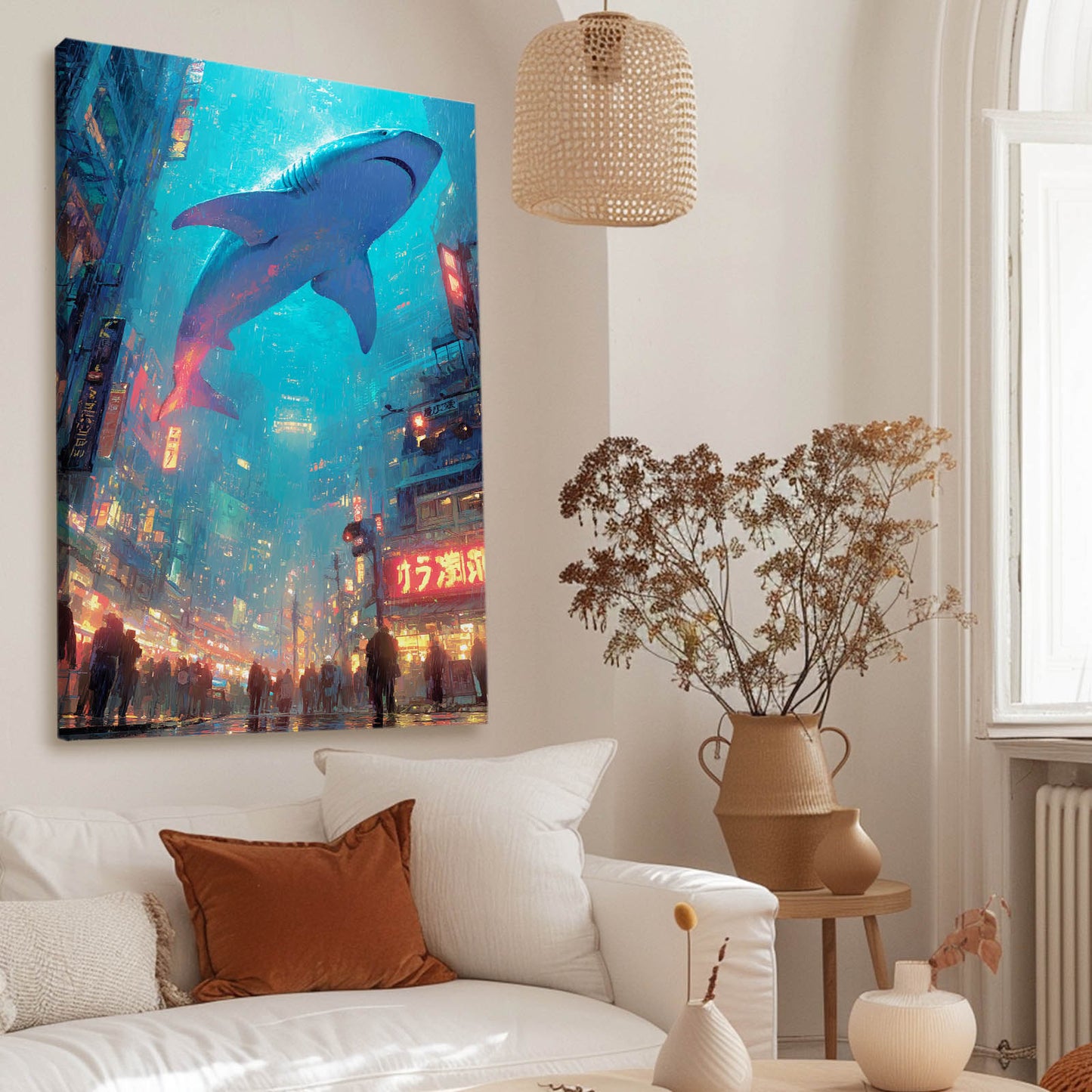 Neon City Sky Shark Wall Decor – styled in a furnished interior