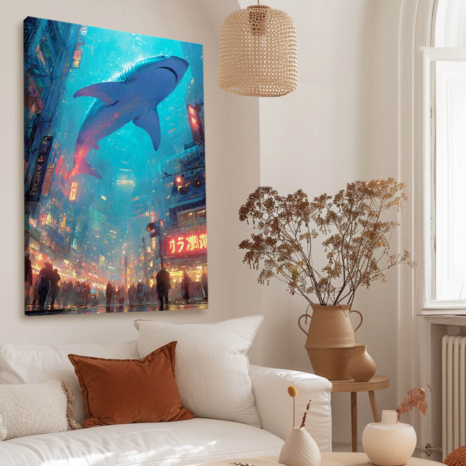 Neon City Sky Shark Wall Decor – styled in a furnished interior