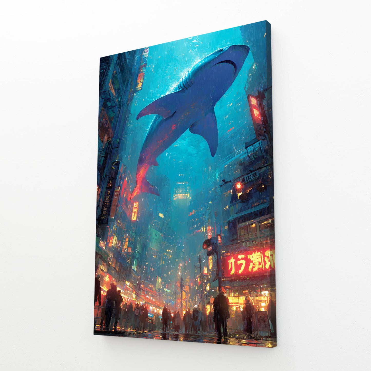 Neon City Sky Shark Wall Decor – angled canvas view on white background