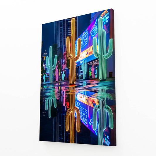 Neon City Street Cactus Prints – angled canvas view on white background