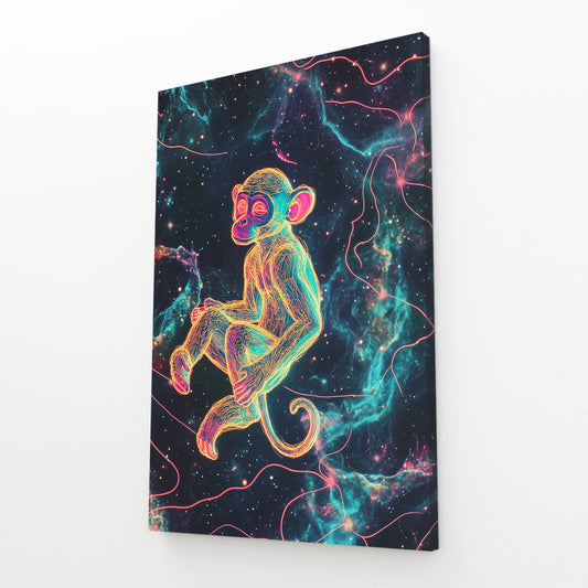 Neon Cosmic Outline Monkey Canvas – angled canvas view on white background