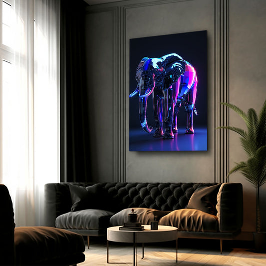 Neon Cyber Elephant Art — 3d canvas print in blue tones, view 3