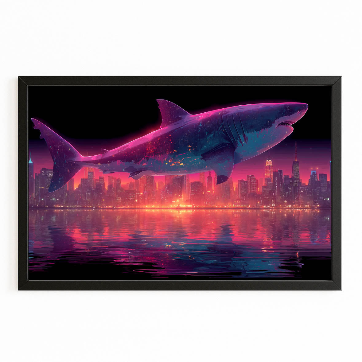 Neon Cyberpunk City Shark Wall Decor – with Premium Black frame on white background
