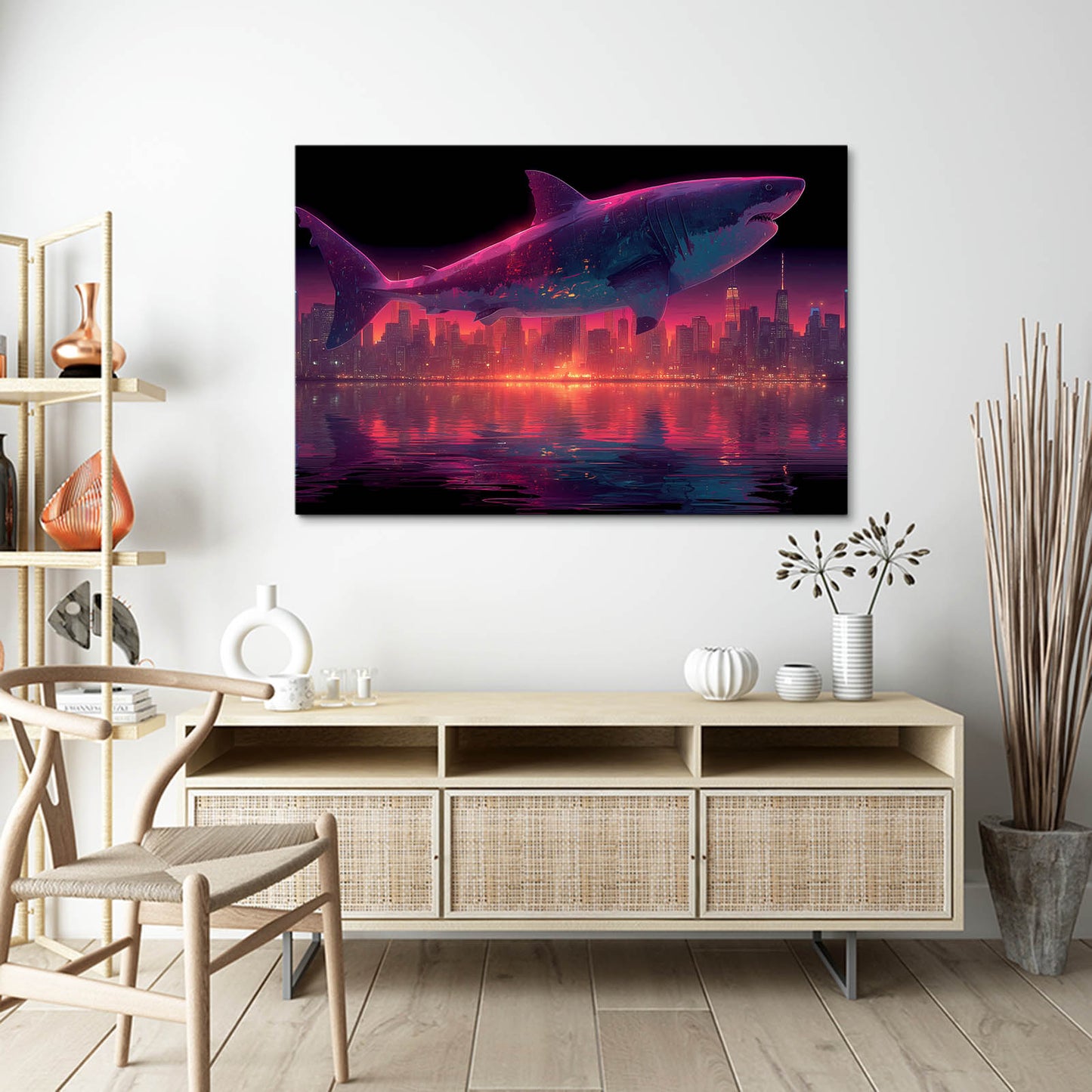Neon Cyberpunk City Shark Wall Decor – styled in a furnished interior
