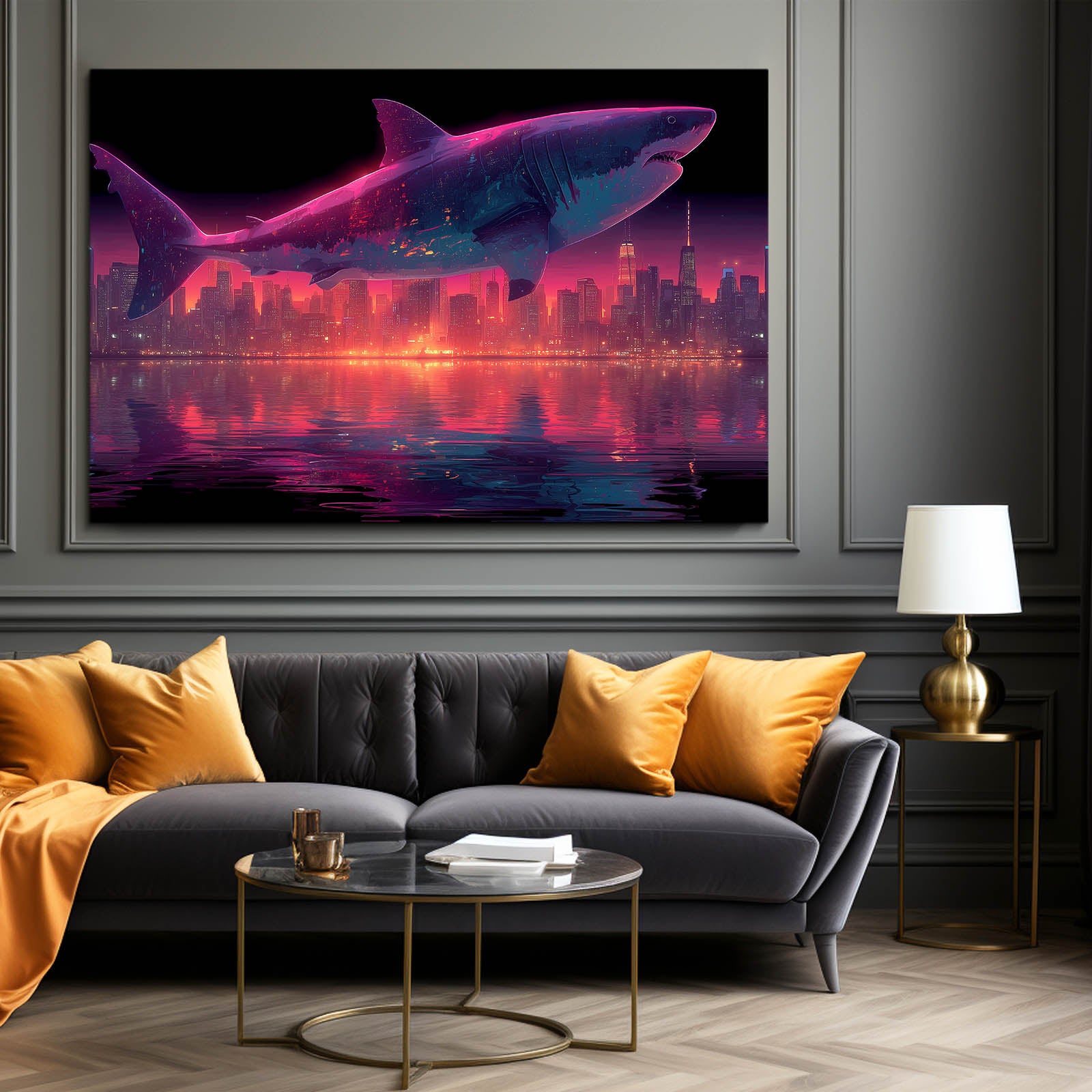Neon Cyberpunk City Shark Wall Decor – styled in a furnished interior