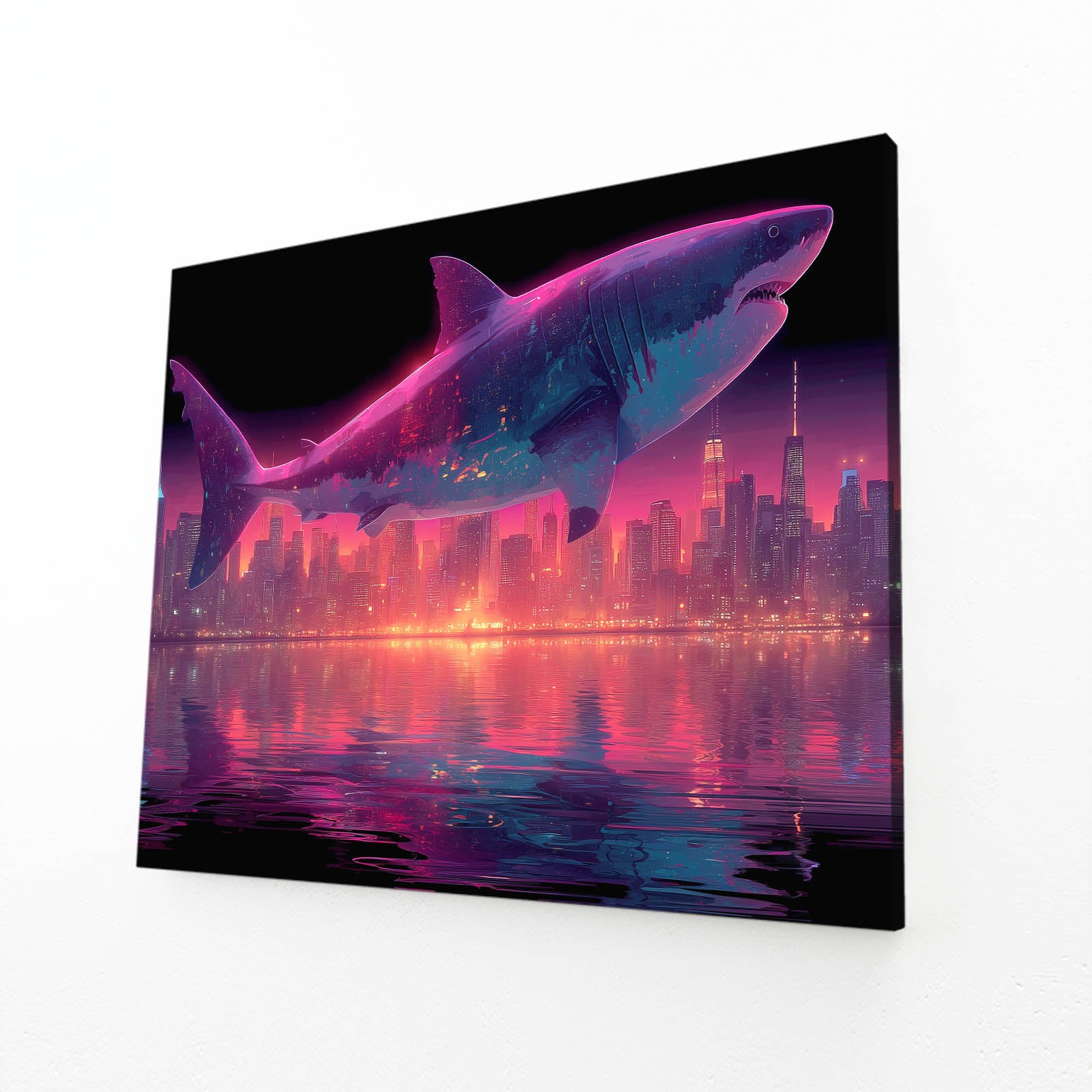 Neon Cyberpunk City Shark Wall Decor – angled canvas view on white background