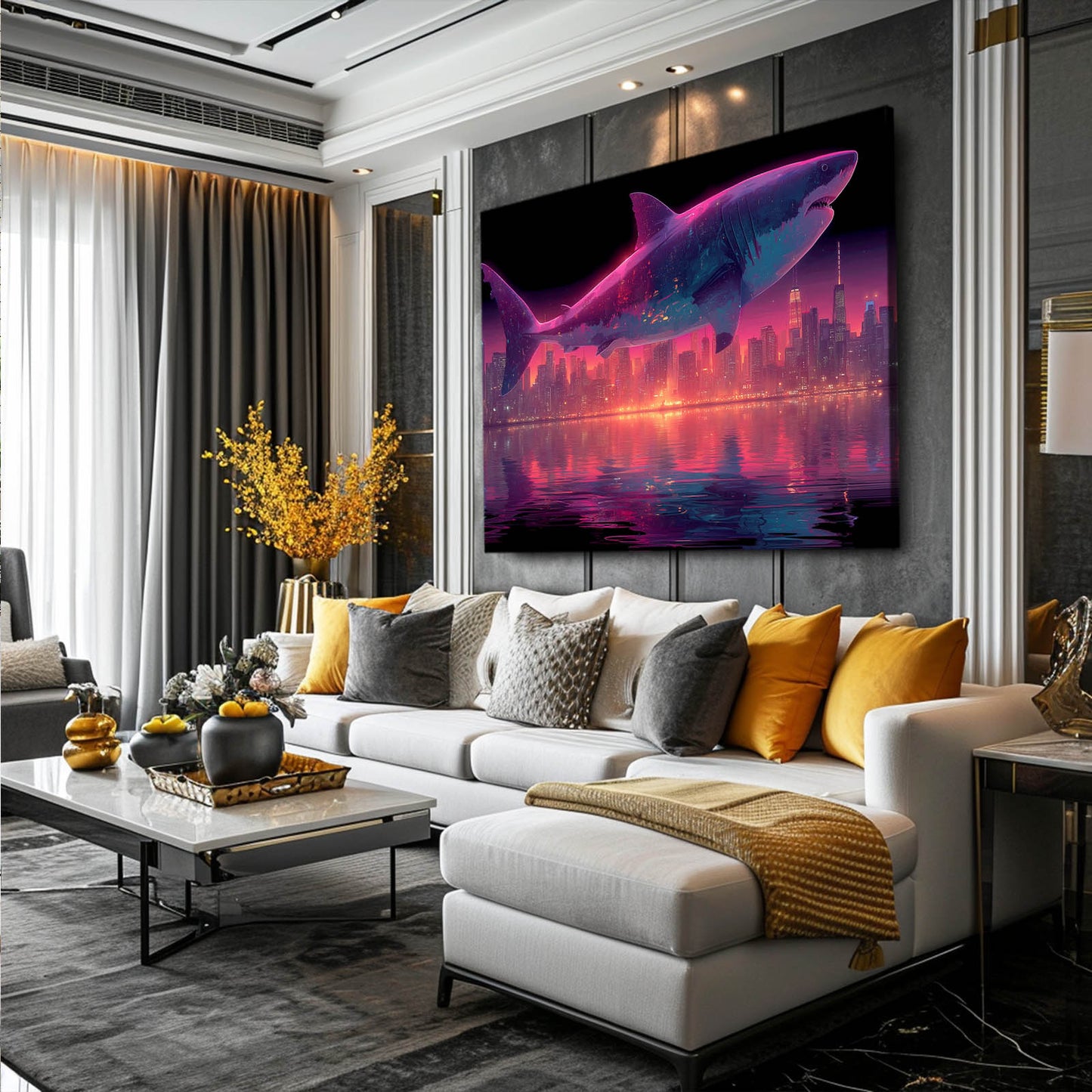 Neon Cyberpunk City Shark Wall Decor – styled in a furnished interior