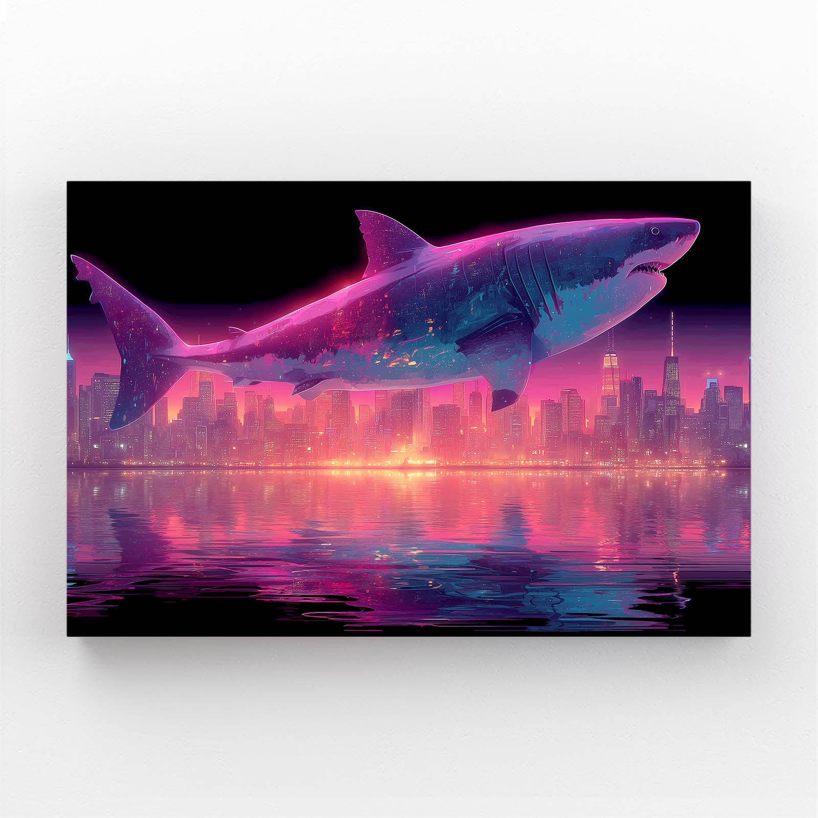 Neon Cyberpunk City Shark Wall Decor – canvas print on white background