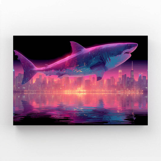 Neon Cyberpunk City Shark Wall Decor – canvas print on white background