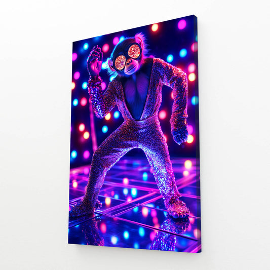 Neon Disco Dancer Monkey Prints – angled canvas view on white background