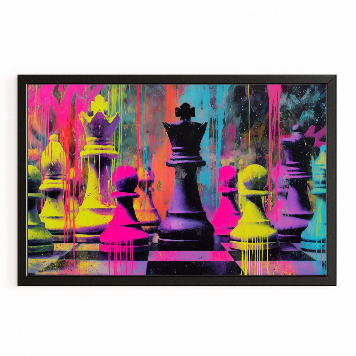 Neon Drip Battle Chess Wall Art – with Premium Black frame on white background