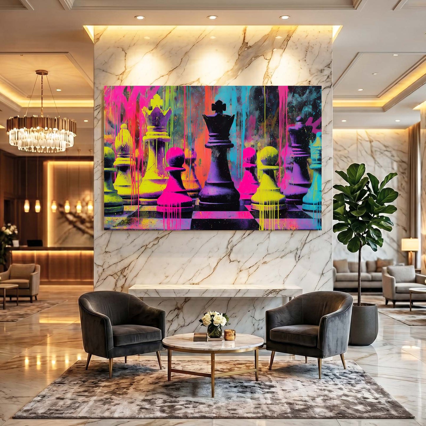 Neon Drip Battle Chess Wall Art – styled in a furnished interior