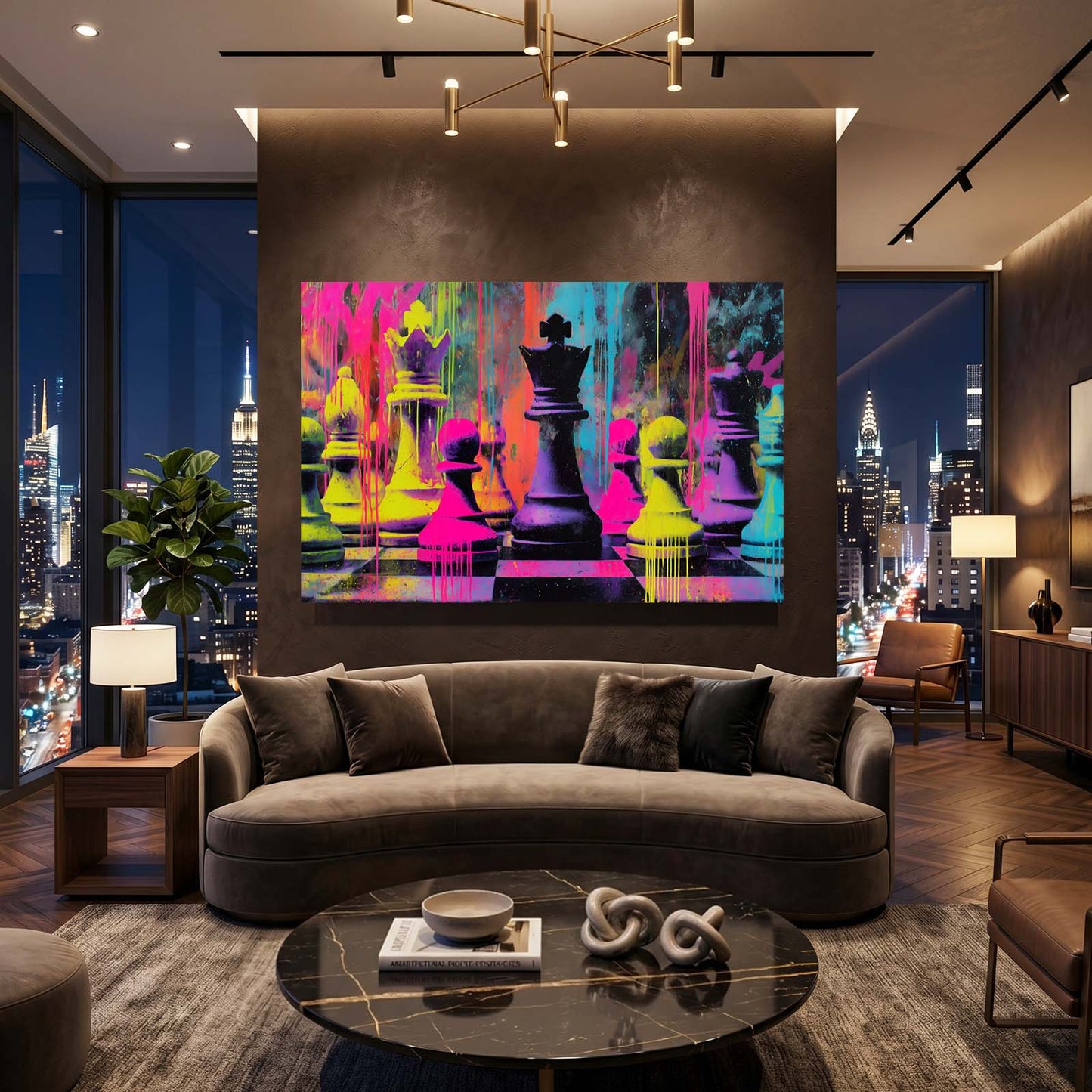 Neon Drip Battle Chess Wall Art – styled in a furnished interior