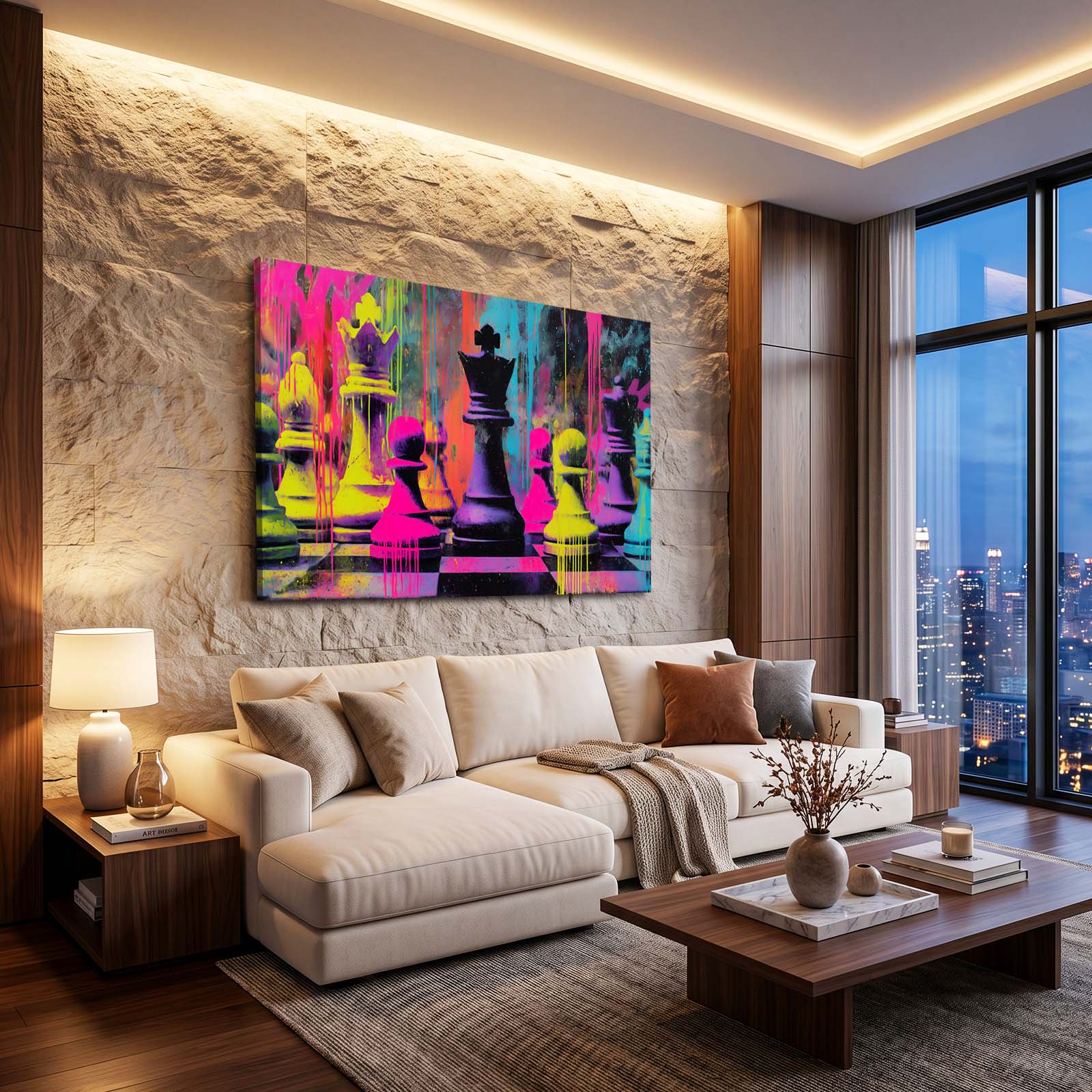 Neon Drip Battle Chess Wall Art – styled in a furnished interior